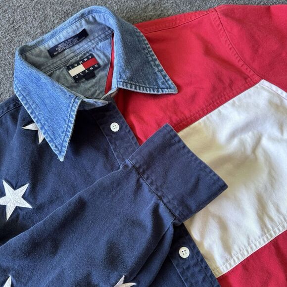 Vintage 90s Tommy Jeans Hilfiger Woman’s Size 8 LS Button American Flag Shirt - Picture 1 of 10